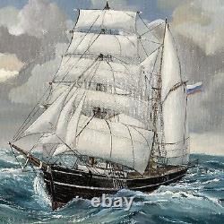 Vintage Original Oil Painting Canvas Ship Sailing Seas Maritime Nautical Signed