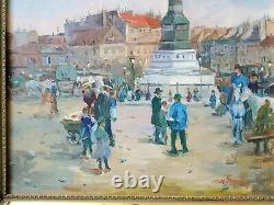 Vintage Original Oil Painting Parisian Paris Street Scene Fountain Impressionist