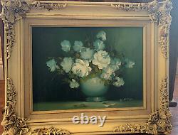 Vintage Original Oil Painting White Roses flowers vase signed creme Frame