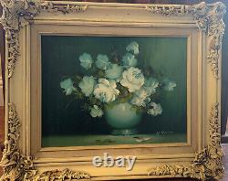 Vintage Original Oil Painting White Roses flowers vase signed creme Frame