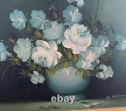 Vintage Original Oil Painting White Roses flowers vase signed creme Frame