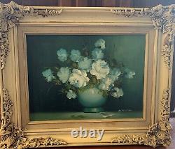 Vintage Original Oil Painting White Roses flowers vase signed creme Frame