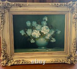 Vintage Original Oil Painting White Roses flowers vase signed creme Frame