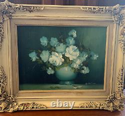 Vintage Original Oil Painting White Roses flowers vase signed creme Frame