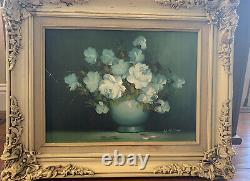 Vintage Original Oil Painting White Roses flowers vase signed creme Frame