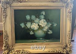 Vintage Original Oil Painting White Roses flowers vase signed creme Frame