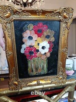 Vintage Original Oil Painting of Abstract Flowers, board, signed