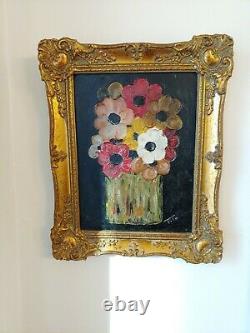 Vintage Original Oil Painting of Abstract Flowers, board, signed