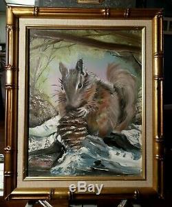 Vintage Original Squirrel Oil Painting Gold Frame Signed NR Mid Century Estate