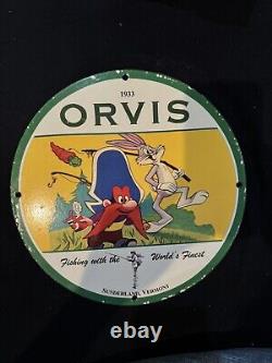 Vintage Orvis Fishing Equipment Sam Edmund Porcelain Gas Oil Lures Hooks Ad Sign