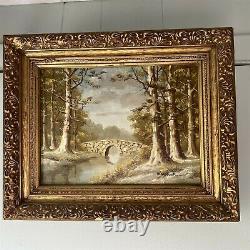 Vintage Painting Signed Marshall Oil Stone Bridge 16x13 Ornate Frame