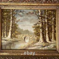 Vintage Painting Signed Marshall Oil Stone Bridge 16x13 Ornate Frame