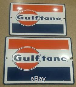 Vintage Pair of Original Gulftan GULF Porcelain Gas Pump Plate Sign Gas & Oil