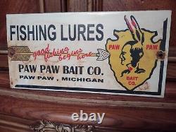 Vintage Paw Paw Bait Co Porcelain Sign Fishing Lures Gas Oil Service Michigan