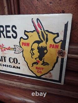 Vintage Paw Paw Bait Co Porcelain Sign Fishing Lures Gas Oil Service Michigan