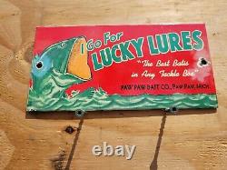 Vintage Paw Paw Bait Porcelain Sign Lucky Lures Fishing Tackle Hunting Oil Gas