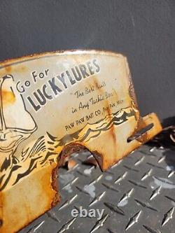 Vintage Paw Paw Bait Porcelain Sign Lucky Lures Gas Oil Fishing Tag Topper Fish