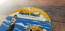 Vintage Penn Reels Porcelain Fish Stories Tackle Service Gas Pump Lures Sign