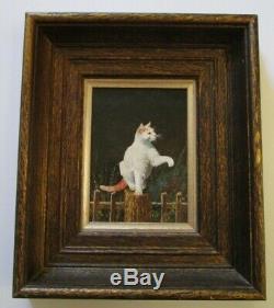 Vintage Photo Realism Painting Cat Kitten Sitting On A Fence Signed With Coa