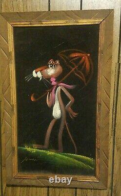 Vintage Pink Panther black velvet painting wood frame signed 23x14 umbrella rain