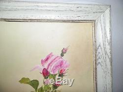 Vintage Pink Roses Oil Painting On Board White Distressed Frame Signed 27 Tall