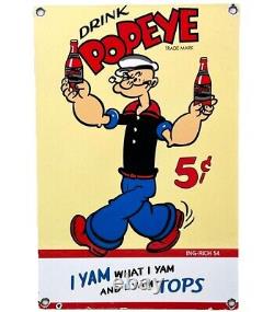 Vintage Popeye Cola Porcelain Sign Gas Station Pump Plate Service Soda Pepsi