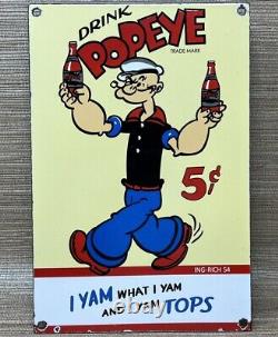 Vintage Popeye Cola Porcelain Sign Gas Station Pump Plate Service Soda Pepsi