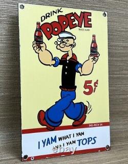 Vintage Popeye Cola Porcelain Sign Gas Station Pump Plate Service Soda Pepsi