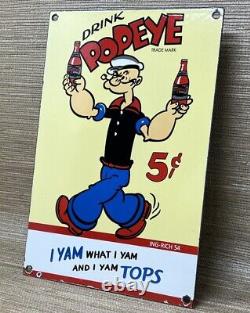 Vintage Popeye Cola Porcelain Sign Gas Station Pump Plate Service Soda Pepsi