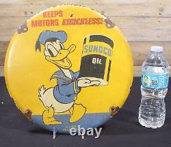 Vintage Porcelain Enamel Sign Sunoco Oil Keep Motors Knockless