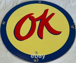 Vintage Porcelain OK Used Cars by Chevrolet Metal Tacker Sign Gas Oil Pump Plate