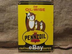 Vintage Porcelain Pennzoil Motor Oil Owl Sign RARE Antique Service Station 9837