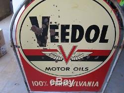 Vintage Porcelain Veedol Motor Oils Tombstone Side Walk Sign 1950's With Stand