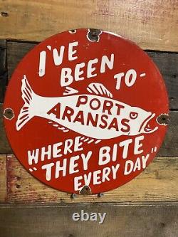 Vintage Port Aranas Porcelain Sign Texas Harbor Fishing Town Fisherman Gas Oil