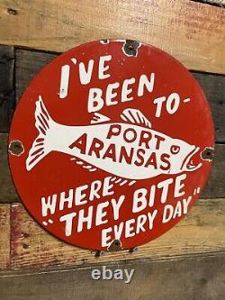 Vintage Port Aranas Porcelain Sign Texas Harbor Fishing Town Fisherman Gas Oil