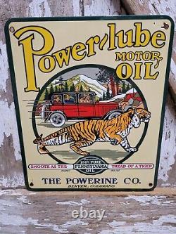 Vintage Power Lube Porcelain Sign Powerline Tiger Motor Oil Automobile Lubricant