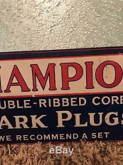 Vintage RARE Champion Spark Plugs Dealer Embossed Tin Sign Gas Oil 15 X 5 1/2