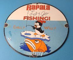 Vintage Rapala Fishing Lures Ad Sign Chilly Willy Porcelain Gas Pump Sign