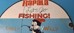 Vintage Rapala Fishing Lures Ad Sign Chilly Willy Porcelain Gas Pump Sign