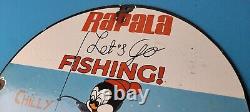 Vintage Rapala Fishing Lures Ad Sign Chilly Willy Porcelain Gas Pump Sign