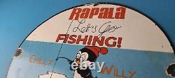 Vintage Rapala Fishing Lures Ad Sign Chilly Willy Porcelain Gas Pump Sign