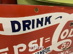 Vintage Rare Pepsi-Cola Porcelain 5 Cent Sign GAS OIL COLA Single Dot 32 x 16