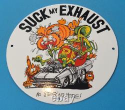 Vintage Rat Fink Porcelain Gas'suck My Exhaust' Hot Rod Service Pump Plate Sign