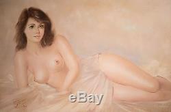 Vintage Reclining Nude Female Oil Painting on Canvas, Illegibly Signed, NICE