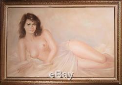 Vintage Reclining Nude Female Oil Painting on Canvas, Illegibly Signed, NICE