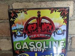 Vintage Red Crown Gasoline & Polarine Porcelain Gas Station Sign 12 X 8