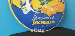 Vintage Richfield Gasoline Porcelain Let's Go Places Gas Service Station Sign