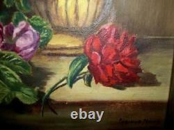 Vintage Roses Floral Oil Painting Study Flanders School Ornate Frame Stunning