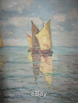 Vintage Russian Marine Oil Painting Sailing Boats Signed Koscaya