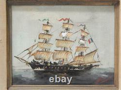 Vintage Sailing Ship French Flag Signed Oil Painting Antique Nautical Marine